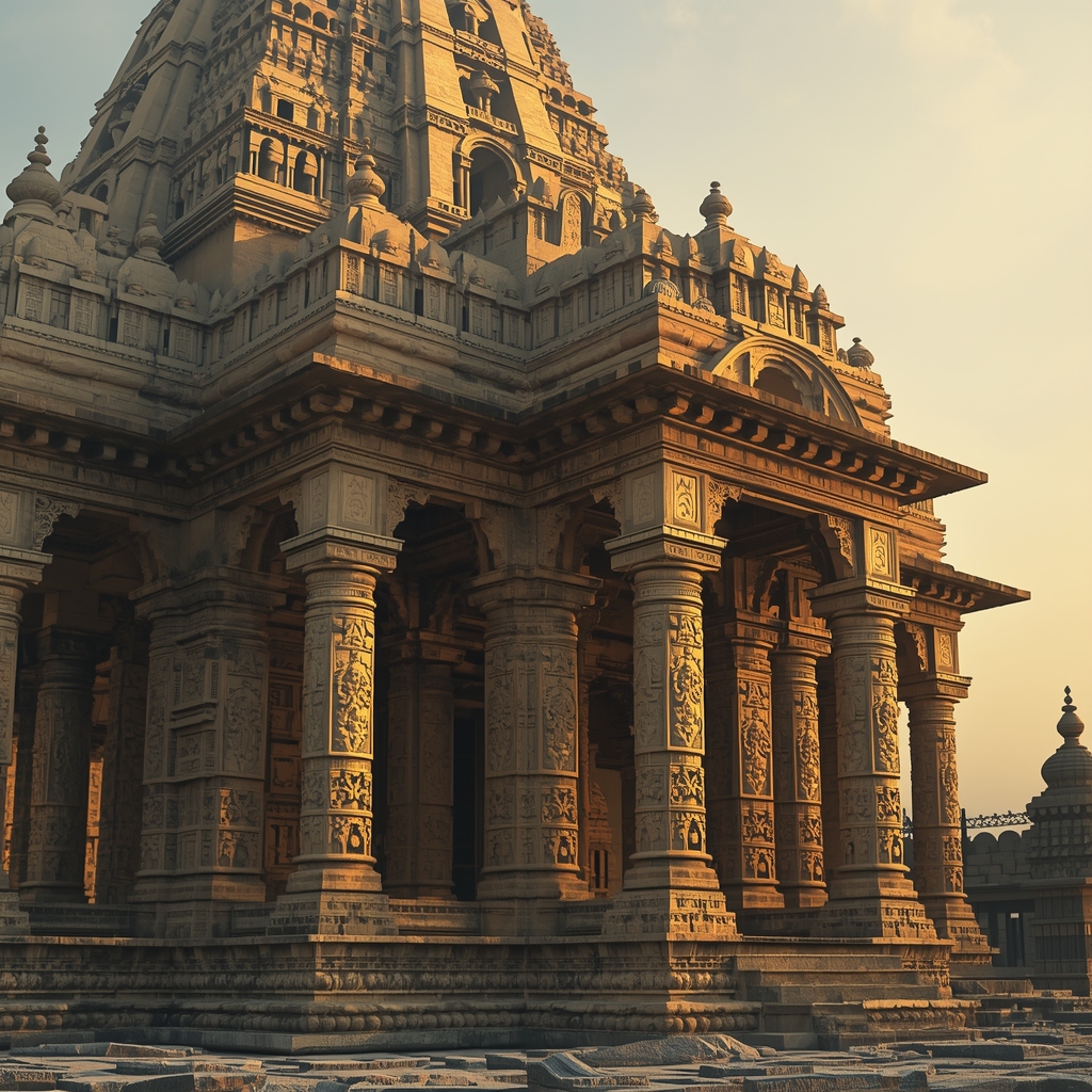 Generate from Nano Banana2: ancient historical architecture with intricate carvings, warm sunset lighting, highly detailed, cultural landmark